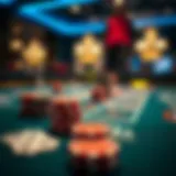A close-up of a blackjack table with cards and chips