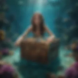 A vibrant underwater scene featuring mystical mermaids and treasure chests