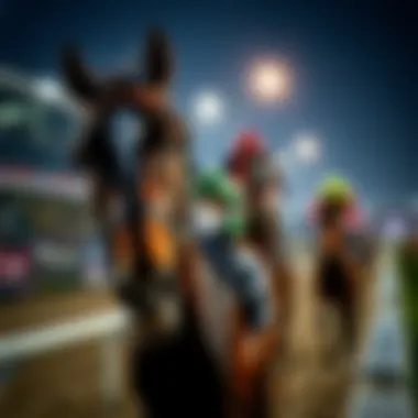 A detailed close-up of a horse and jockey in action at the racetrack