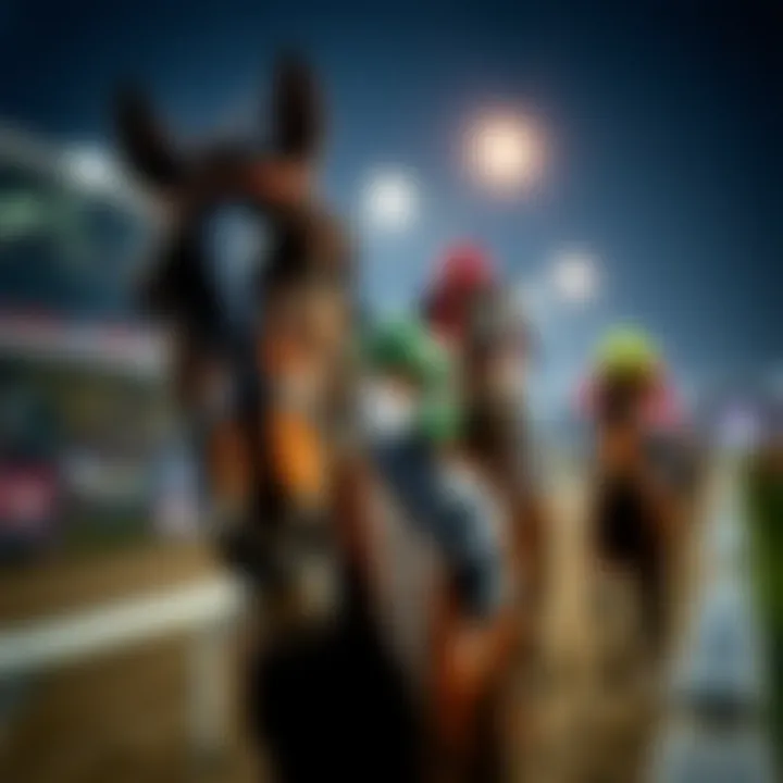 A detailed close-up of a horse and jockey in action at the racetrack