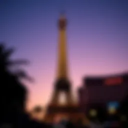 The Eiffel Tower replica at Paris Las Vegas against a twilight sky
