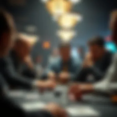 An intense poker game scene at a high-stakes table, showcasing players deep in thought.