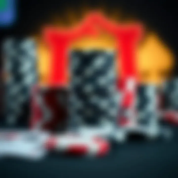 A close-up view of poker chips stacked in a strategic arrangement, highlighting their value in gameplay.