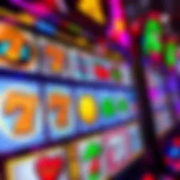 A close-up of a vibrant online slot machine interface displaying various symbols and colors.