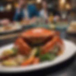 A vibrant crab dish on a chic casino table